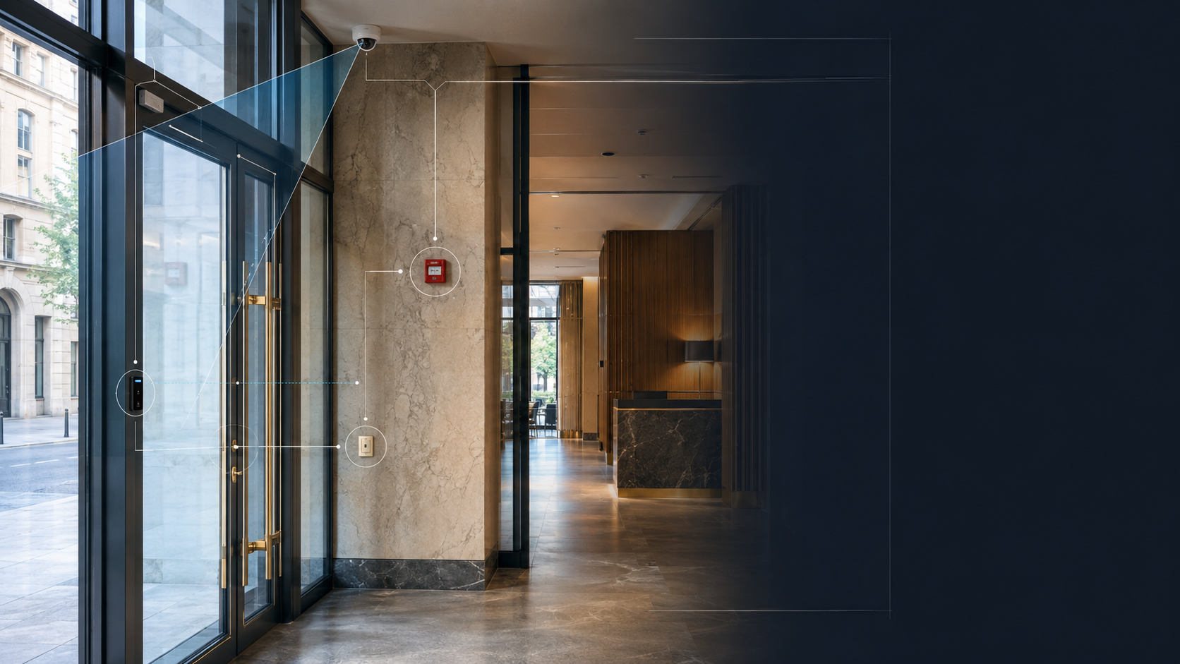 Building lobby entry with access control reader, notification appliance and camera